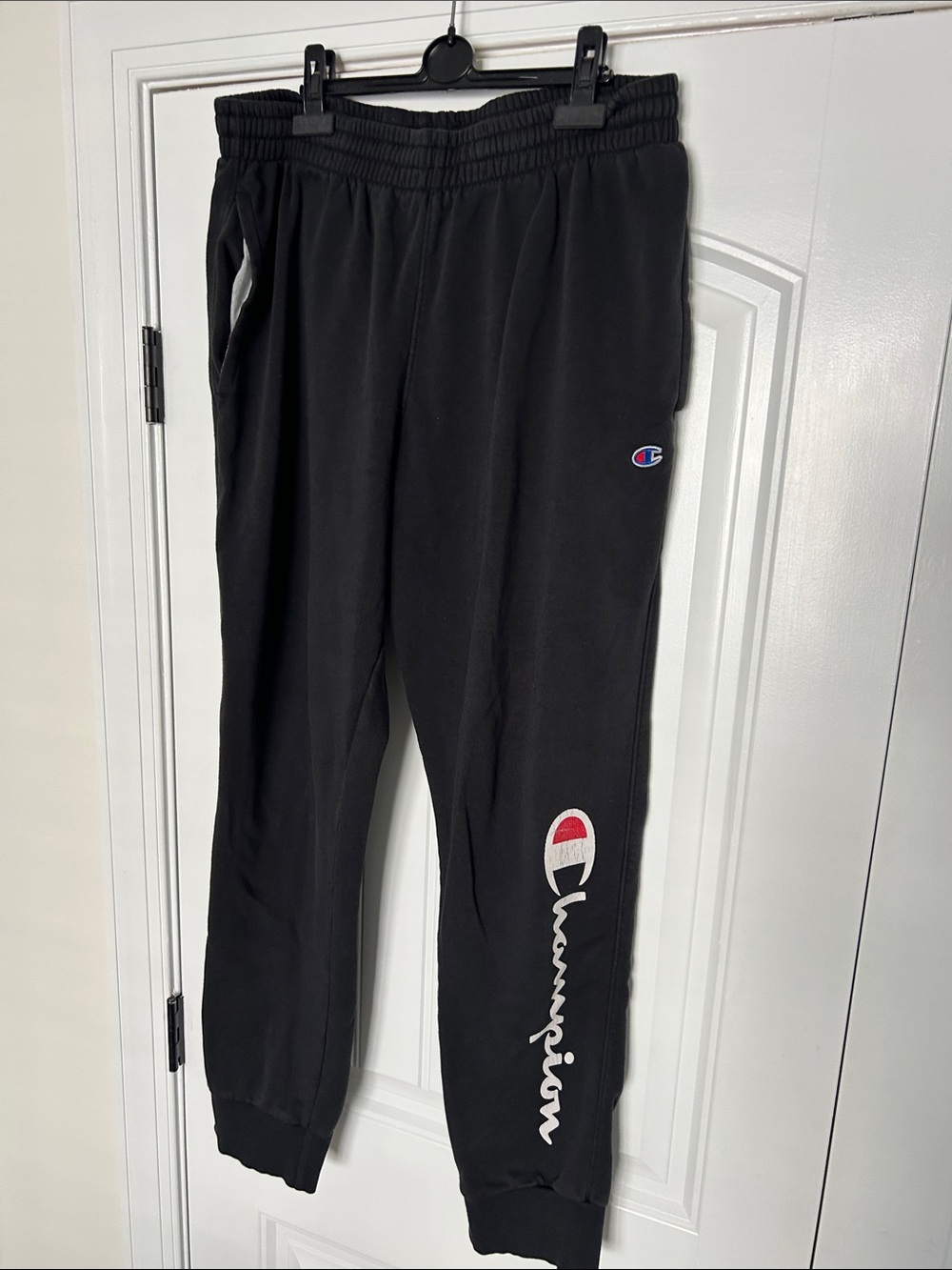 Champion Black Jogger Sweatpants with White & Red Logo